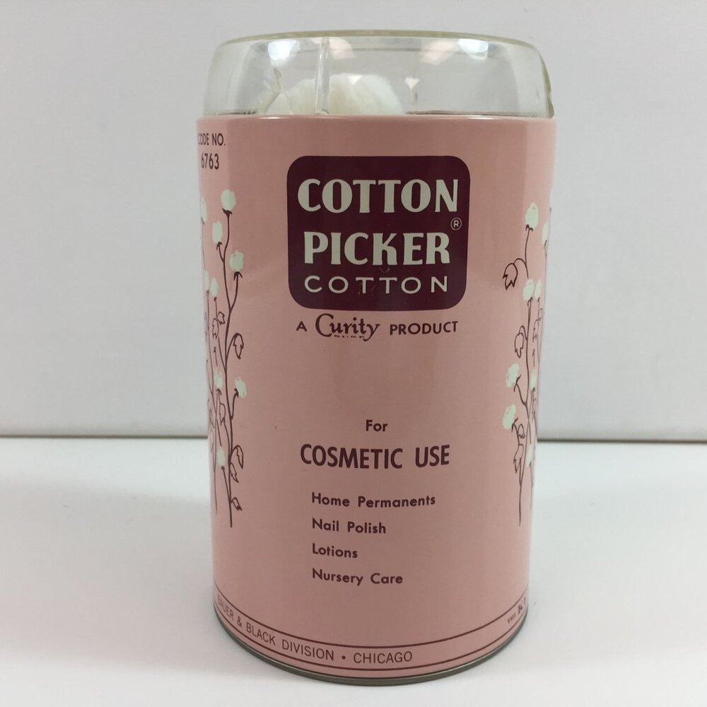 Vintage 1950s Curity Cotton Picker 6763 Tin Dispenser Home Cosmetic Use Pink 5"